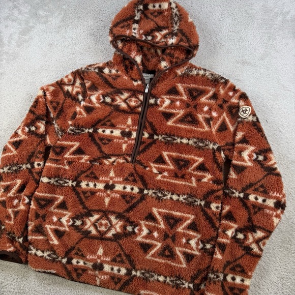 Ariat Tops - Ariat Sweatshirt Womens Small Orange Aztec Real Sherpa 1/4 Zip Pullover Hooded